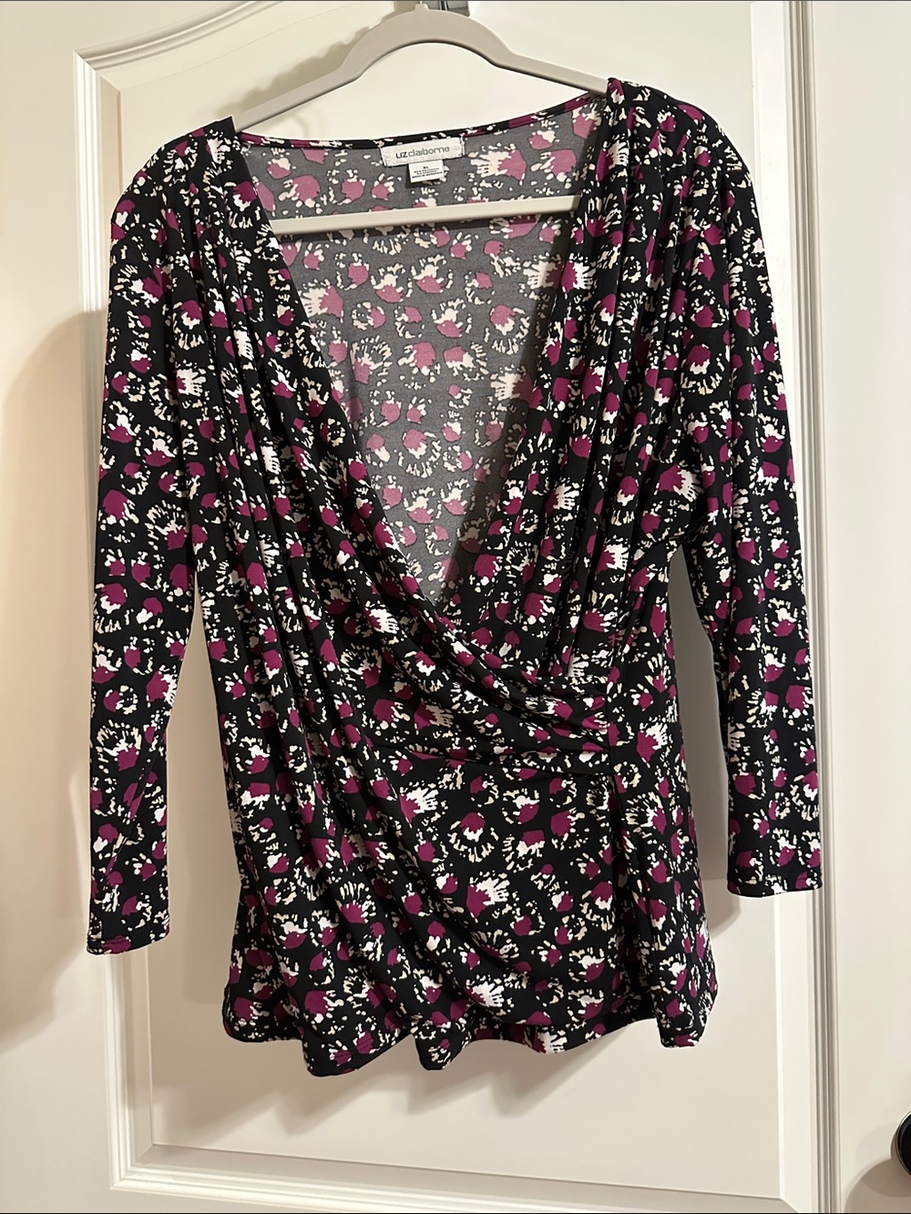 Liz Claiborne Black Floral-Print Wrap-Style Long Sleeve Top